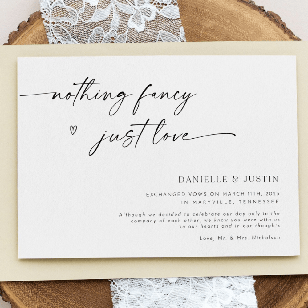 Printed Elopement Announcements | Minimalist "Nothing Fancy Just Love" Cards | 5x7 Wedding Postcards with Envelopes