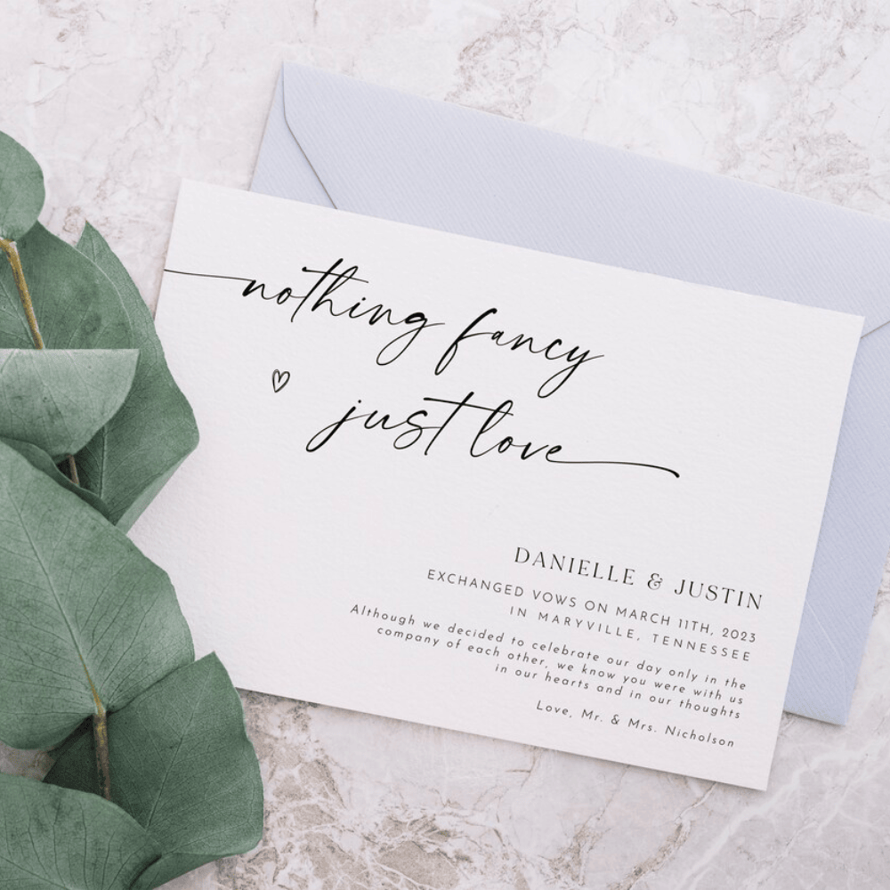 Printed Elopement Announcements | Minimalist "Nothing Fancy Just Love" Cards | 5x7 Wedding Postcards with Envelopes