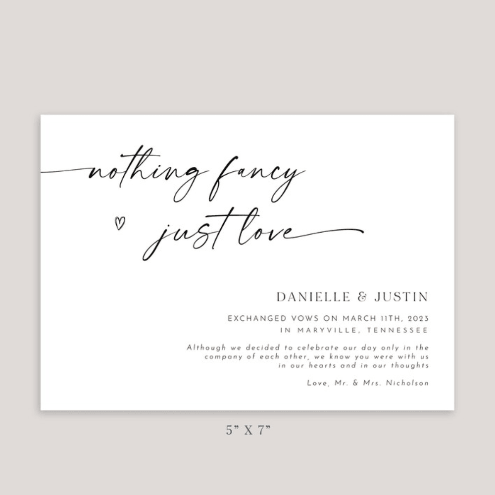 Printed Elopement Announcements | Minimalist "Nothing Fancy Just Love" Cards | 5x7 Wedding Postcards with Envelopes