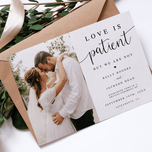 Printed Elopement Announcement with Photo | Funny "Love Is Patient But We Are Not" Wedding Cards | Modern Minimalist Marriage Notice | Envelopes Included
