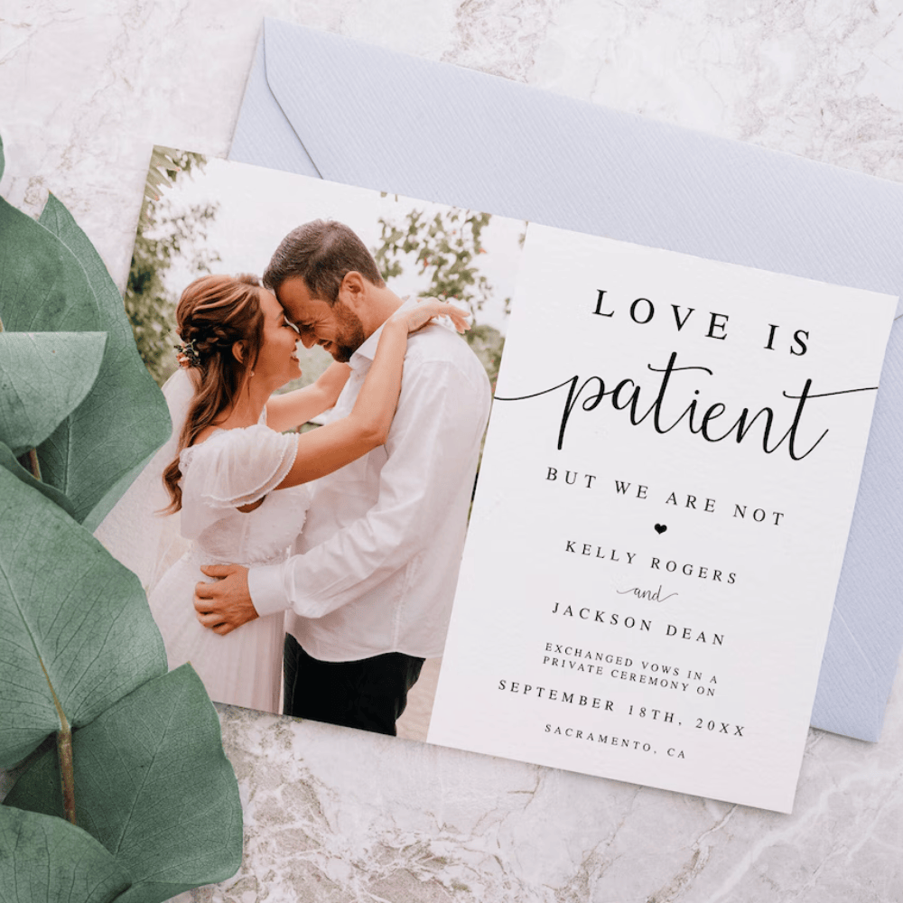 Printed Elopement Announcement with Photo | Funny "Love Is Patient But We Are Not" Wedding Cards | Modern Minimalist Marriage Notice | Envelopes Included