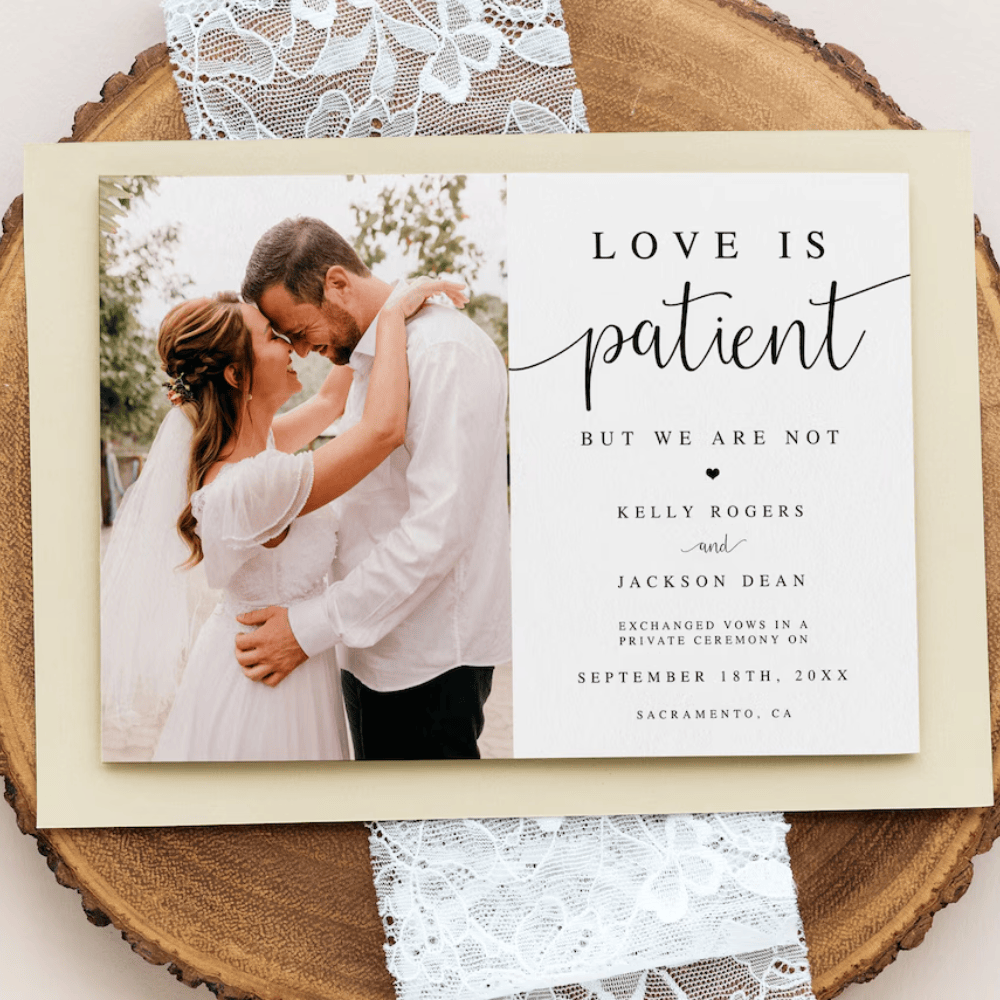 Printed Elopement Announcement with Photo | Funny "Love Is Patient But We Are Not" Wedding Cards | Modern Minimalist Marriage Notice | Envelopes Included