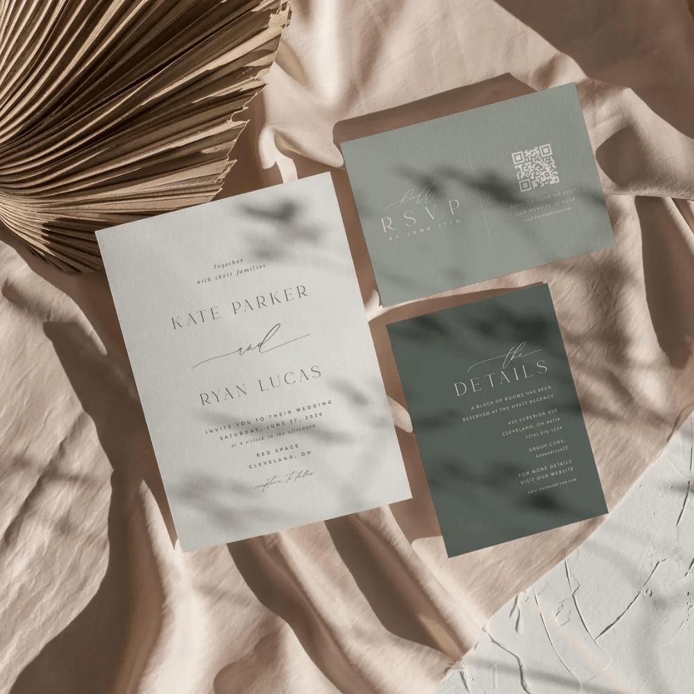 Printed Sage Green Wedding Invitation Suite | Modern 3-Piece Set with QR Code RSVP | Minimalist Green & White Invite Bundle | Envelopes Included