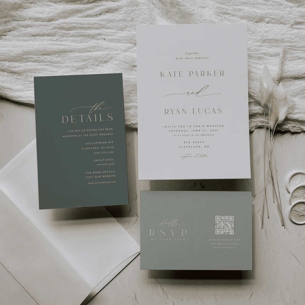Printed Sage Green Wedding Invitation Suite | Modern 3-Piece Set with QR Code RSVP | Minimalist Green & White Invite Bundle | Envelopes Included