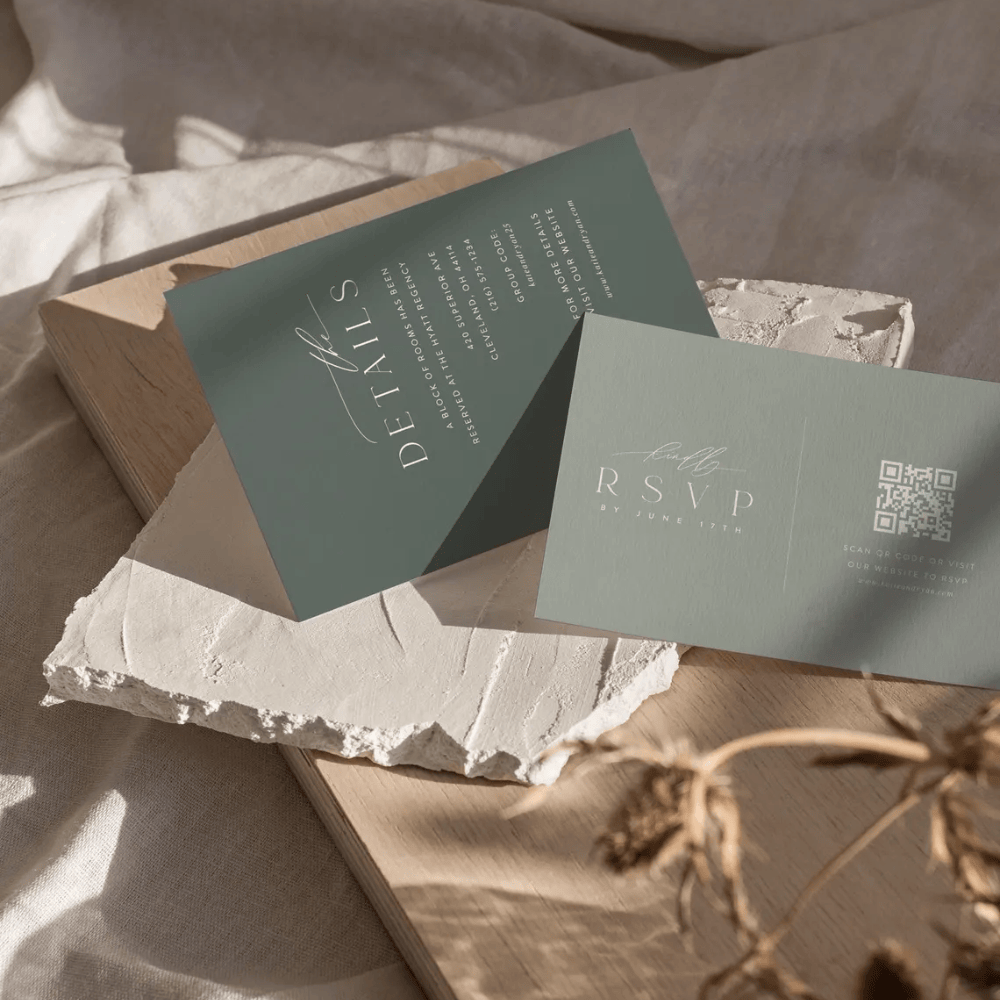 Printed Sage Green Wedding Invitation Suite | Modern 3-Piece Set with QR Code RSVP | Minimalist Green & White Invite Bundle | Envelopes Included