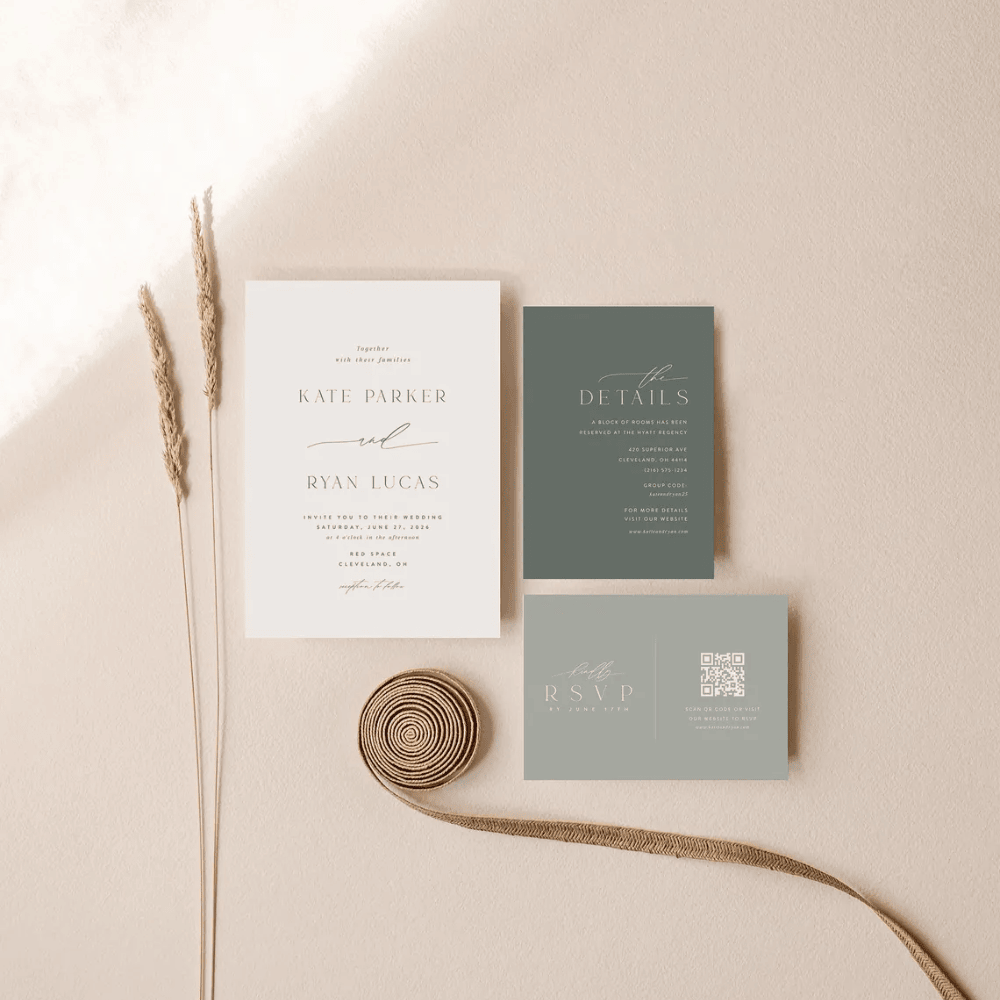 Printed Sage Green Wedding Invitation Suite | Modern 3-Piece Set with QR Code RSVP | Minimalist Green & White Invite Bundle | Envelopes Included