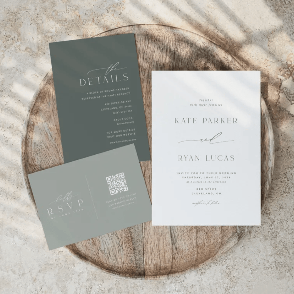 Printed Sage Green Wedding Invitation Suite | Modern 3-Piece Set with QR Code RSVP | Minimalist Green & White Invite Bundle | Envelopes Included