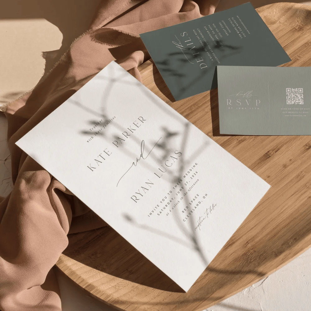 Printed Sage Green Wedding Invitation Suite | Modern 3-Piece Set with QR Code RSVP | Minimalist Green & White Invite Bundle | Envelopes Included