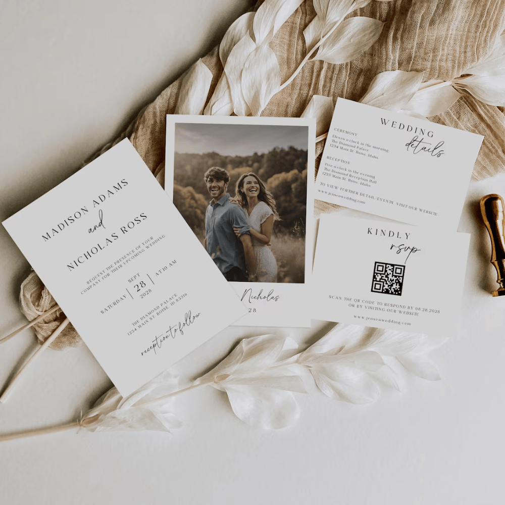 Printed Photo Wedding Invitation Suite | Minimalist 3-Piece Set with QR RSVP | Modern Picture Invite Bundle | Envelopes Included