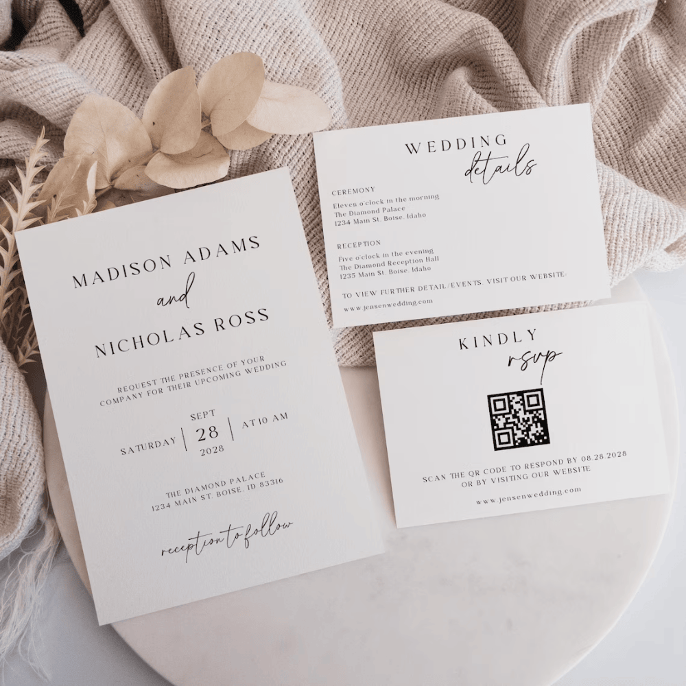 Printed Photo Wedding Invitation Suite | Minimalist 3-Piece Set with QR RSVP | Modern Picture Invite Bundle | Envelopes Included