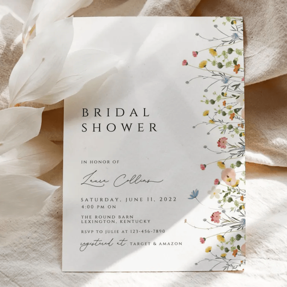 Printed Wildflower Bridal Shower Invitations | Boho Floral Garden Invite | Minimalist Spring Wedding Shower Cards | Envelopes Included