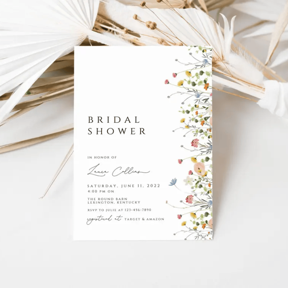 Printed Wildflower Bridal Shower Invitations | Boho Floral Garden Invite | Minimalist Spring Wedding Shower Cards | Envelopes Included
