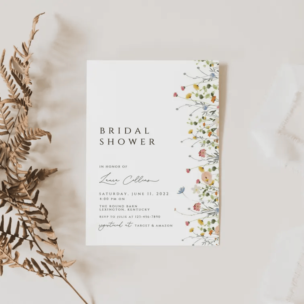 Printed Wildflower Bridal Shower Invitations | Boho Floral Garden Invite | Minimalist Spring Wedding Shower Cards | Envelopes Included