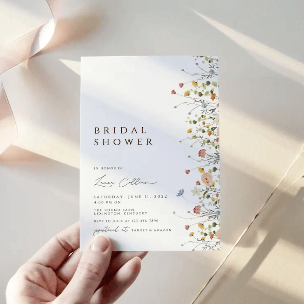 Printed Wildflower Bridal Shower Invitations | Boho Floral Garden Invite | Minimalist Spring Wedding Shower Cards | Envelopes Included