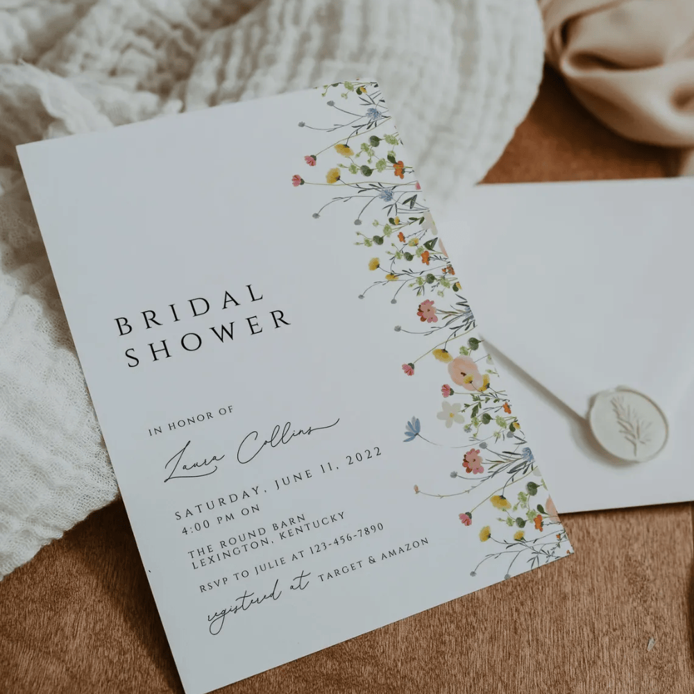 Printed Wildflower Bridal Shower Invitations | Boho Floral Garden Invite | Minimalist Spring Wedding Shower Cards | Envelopes Included