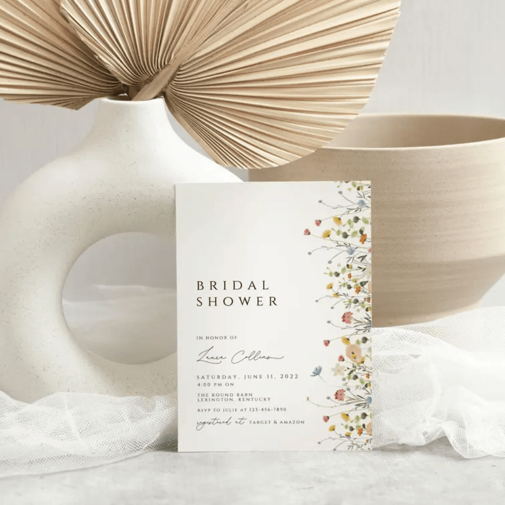 Printed Wildflower Bridal Shower Invitations | Boho Floral Garden Invite | Minimalist Spring Wedding Shower Cards | Envelopes Included