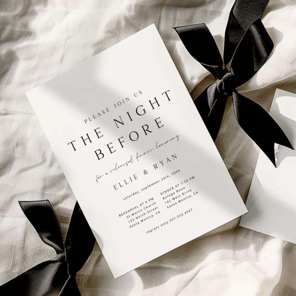 Printed Rehearsal Dinner Invitations | Minimalist "The Night Before" Invite | Modern Black & White Wedding Rehearsal Card | Envelopes Included