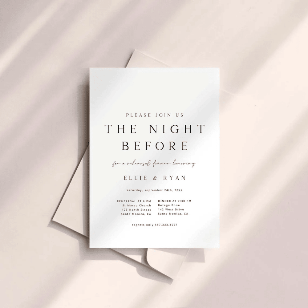 Printed Rehearsal Dinner Invitations | Minimalist "The Night Before" Invite | Modern Black & White Wedding Rehearsal Card | Envelopes Included