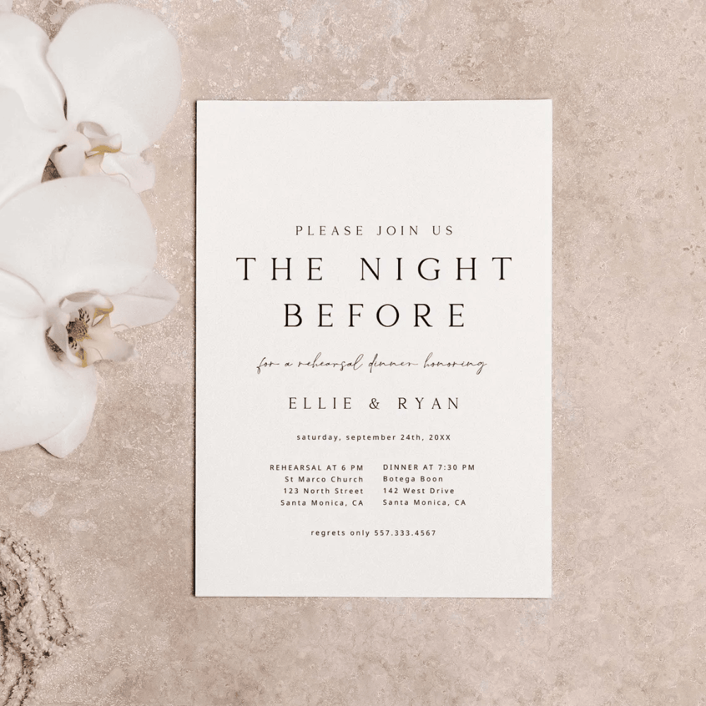 Printed Rehearsal Dinner Invitations | Minimalist "The Night Before" Invite | Modern Black & White Wedding Rehearsal Card | Envelopes Included