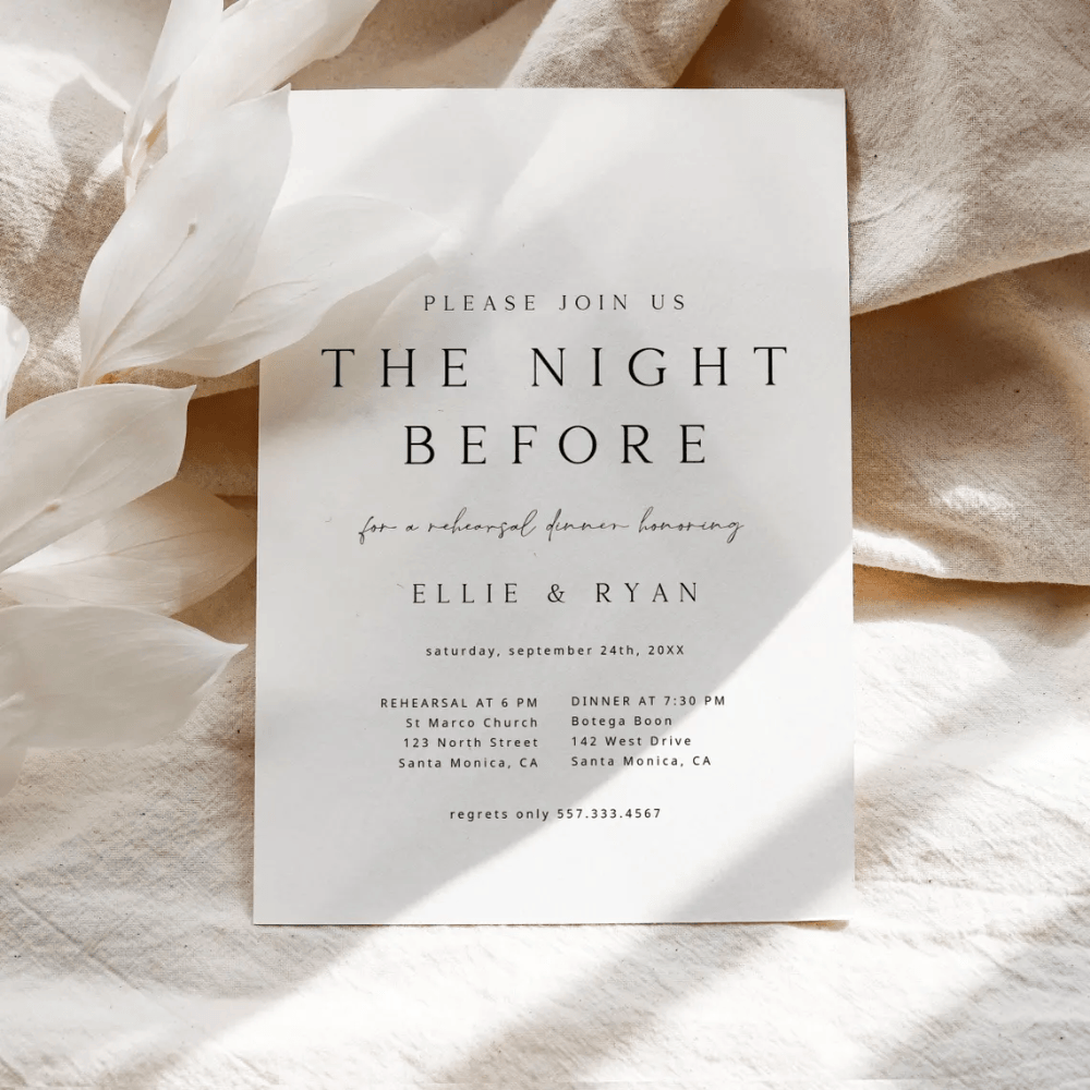 Printed Rehearsal Dinner Invitations | Minimalist "The Night Before" Invite | Modern Black & White Wedding Rehearsal Card | Envelopes Included
