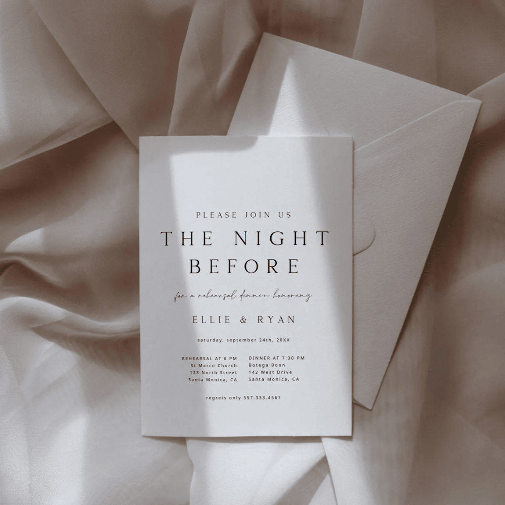Printed Rehearsal Dinner Invitations | Minimalist "The Night Before" Invite | Modern Black & White Wedding Rehearsal Card | Envelopes Included