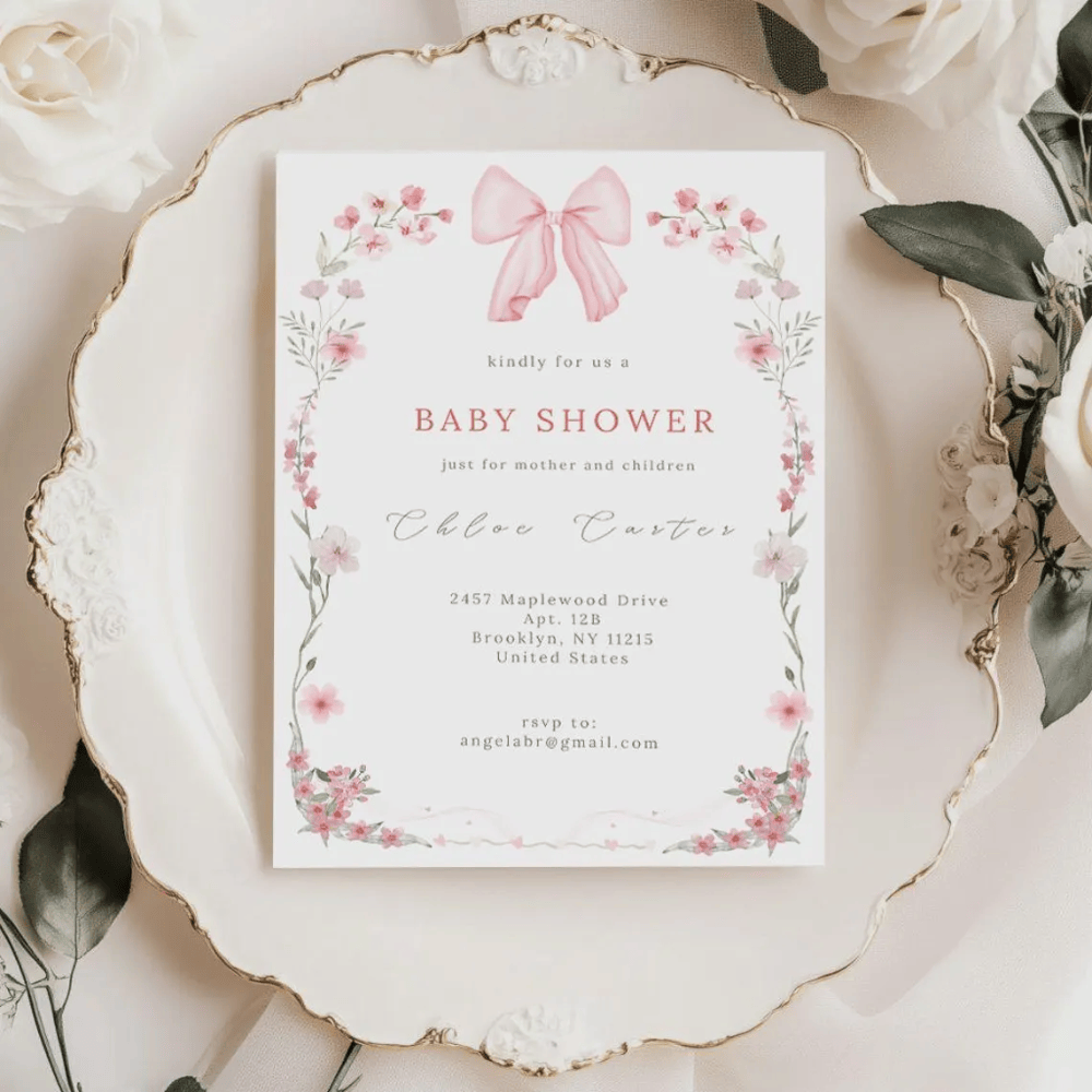 Printed Coquette Baby Shower Invitations | Pink Bow & Floral Invite | Girl Baby Shower Cards with Envelopes | Coquette Aesthetic Theme