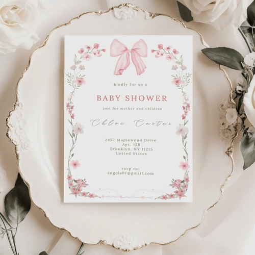 Printed Coquette Baby Shower Invitations | Pink Bow & Floral Invite | Girl Baby Shower Cards with Envelopes | Coquette Aesthetic Theme
