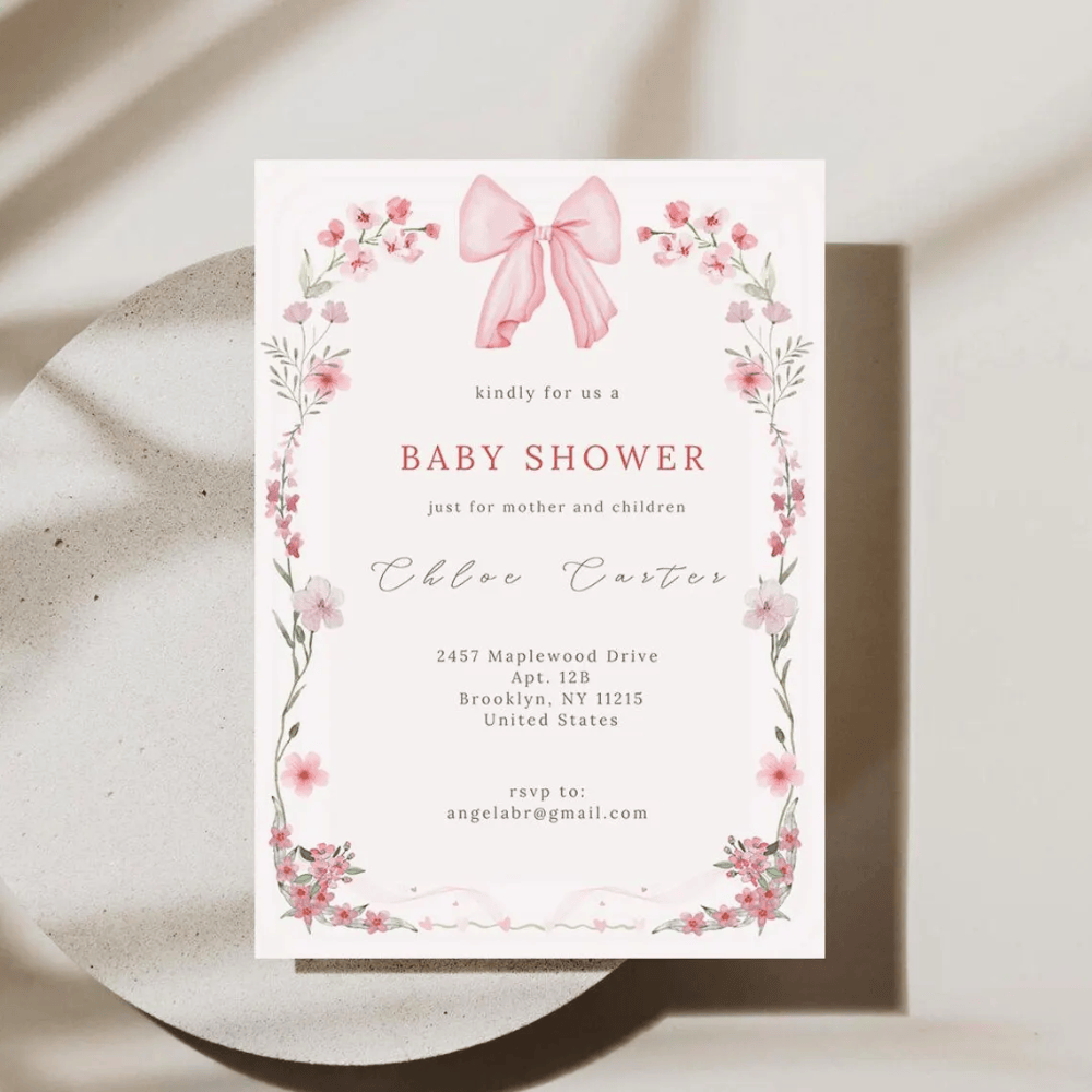 Printed Coquette Baby Shower Invitations | Pink Bow & Floral Invite | Girl Baby Shower Cards with Envelopes | Coquette Aesthetic Theme