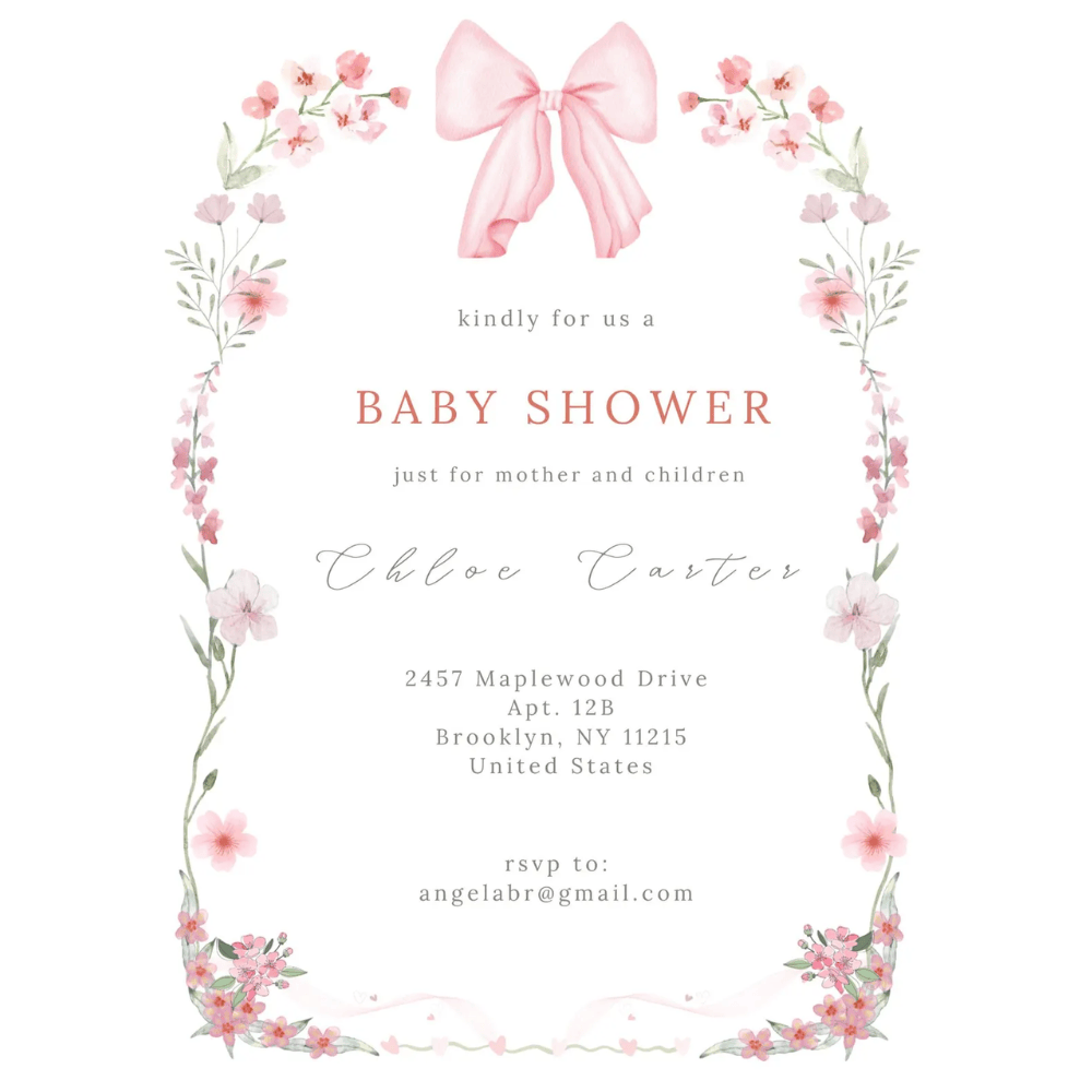 Printed Coquette Baby Shower Invitations | Pink Bow & Floral Invite | Girl Baby Shower Cards with Envelopes | Coquette Aesthetic Theme