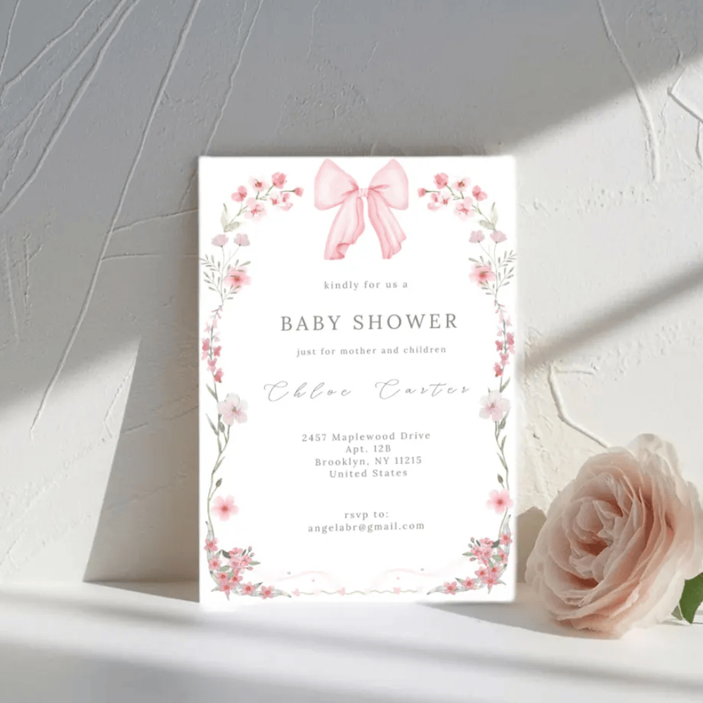 Printed Coquette Baby Shower Invitations | Pink Bow & Floral Invite | Girl Baby Shower Cards with Envelopes | Coquette Aesthetic Theme