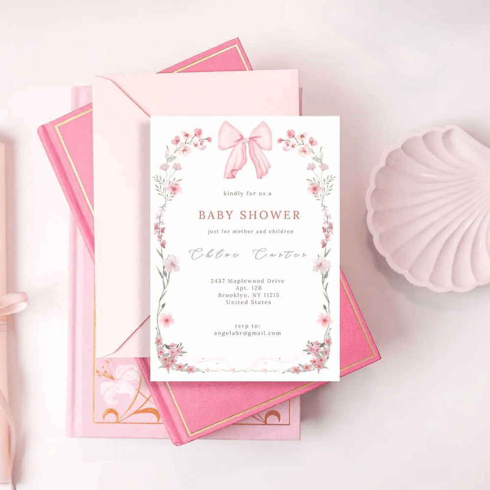Printed Coquette Baby Shower Invitations | Pink Bow & Floral Invite | Girl Baby Shower Cards with Envelopes | Coquette Aesthetic Theme
