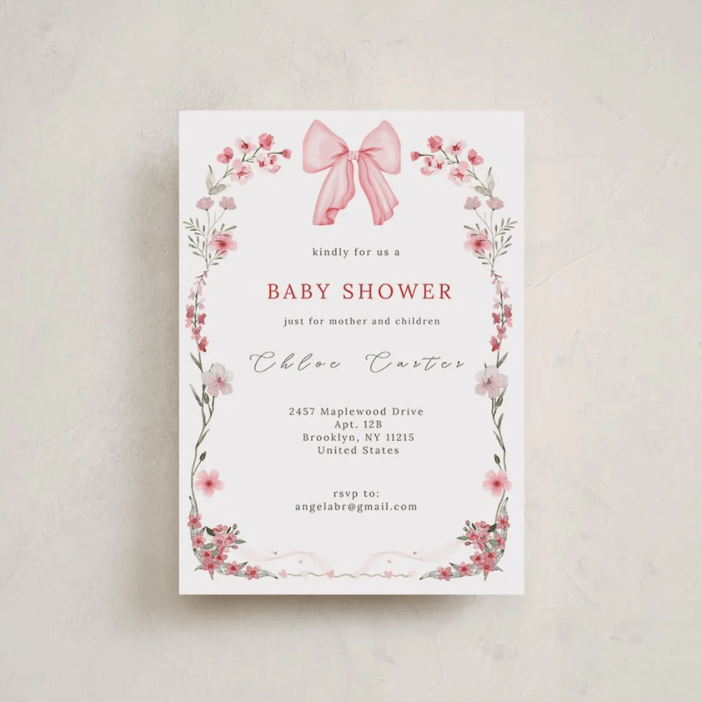 Printed Coquette Baby Shower Invitations | Pink Bow & Floral Invite | Girl Baby Shower Cards with Envelopes | Coquette Aesthetic Theme