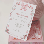 Printed Coquette Baby Shower Invitations | Pink Bow & Floral Invite | Girl Baby Shower Cards with Envelopes | Coquette Aesthetic Theme