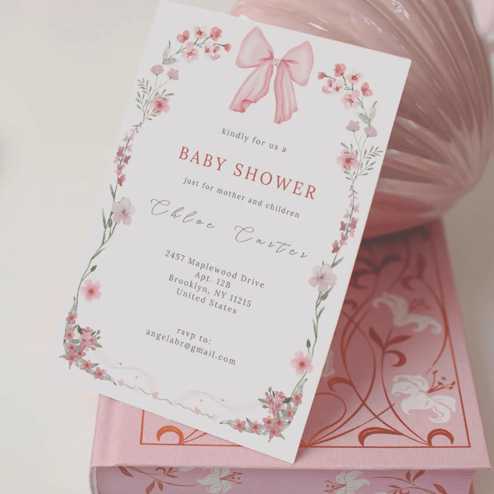 Printed Coquette Baby Shower Invitations | Pink Bow & Floral Invite | Girl Baby Shower Cards with Envelopes | Coquette Aesthetic Theme