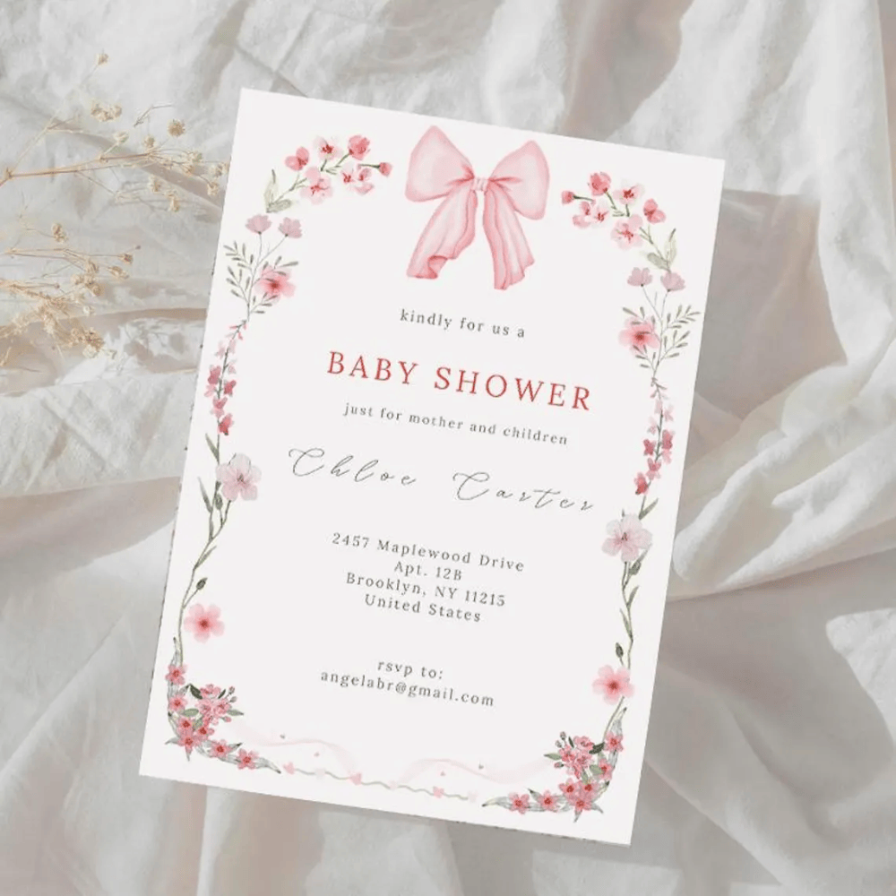 Printed Coquette Baby Shower Invitations | Pink Bow & Floral Invite | Girl Baby Shower Cards with Envelopes | Coquette Aesthetic Theme