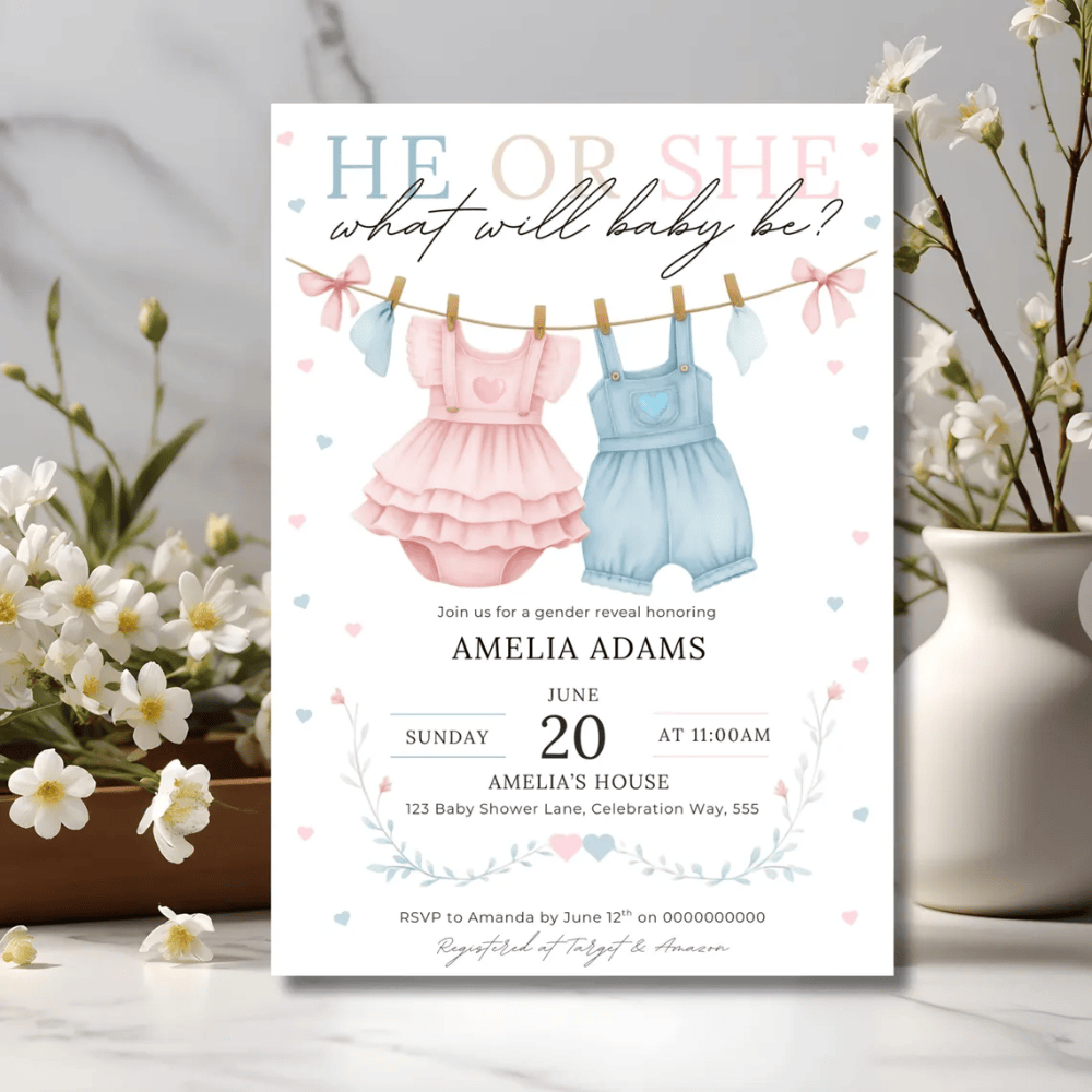 Printed Gender Reveal Invitations | He or She What Will Baby Be? | Watercolor Clothesline Invite | Pink & Blue Baby Shower Cards with Envelopes