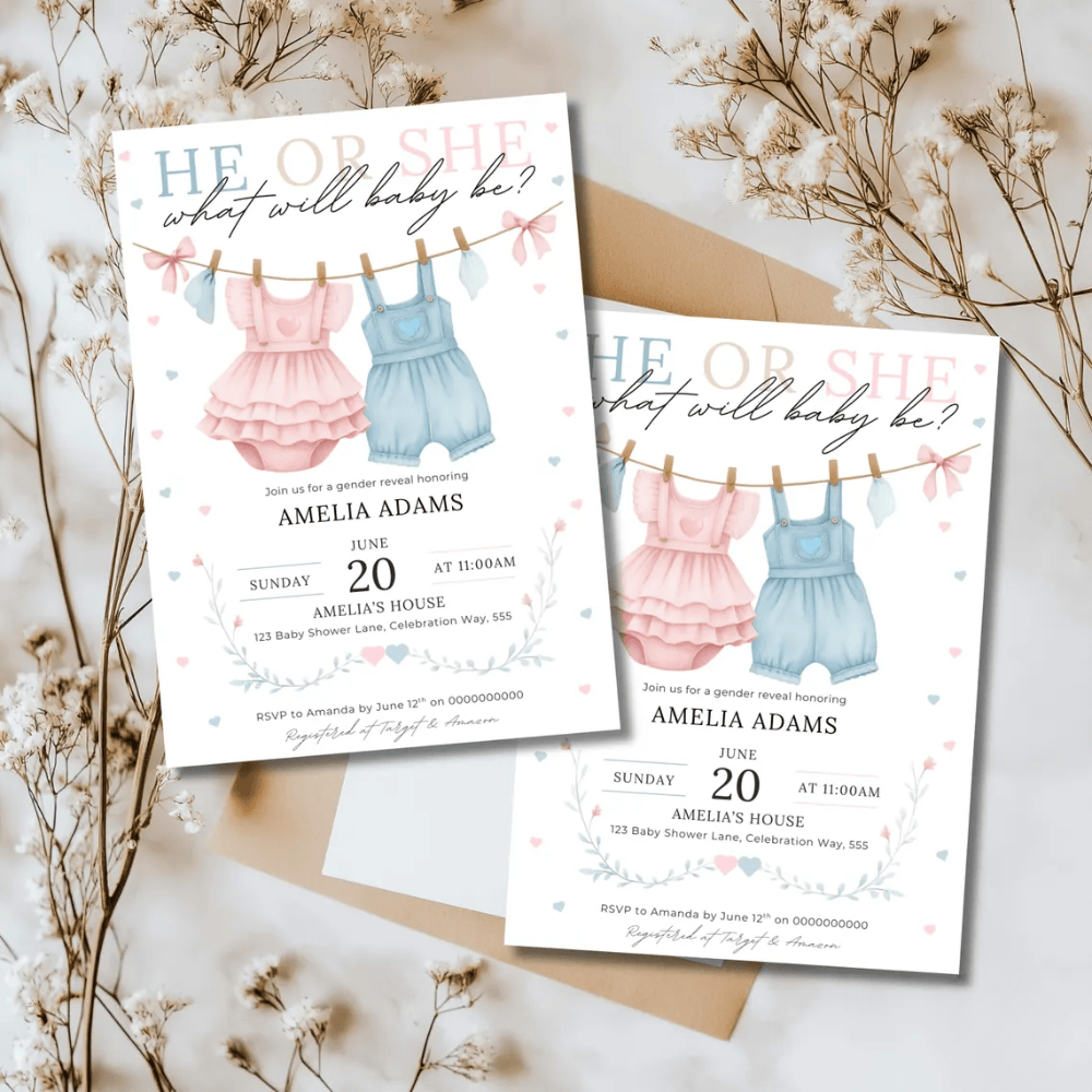Printed Gender Reveal Invitations | He or She What Will Baby Be? | Watercolor Clothesline Invite | Pink & Blue Baby Shower Cards with Envelopes