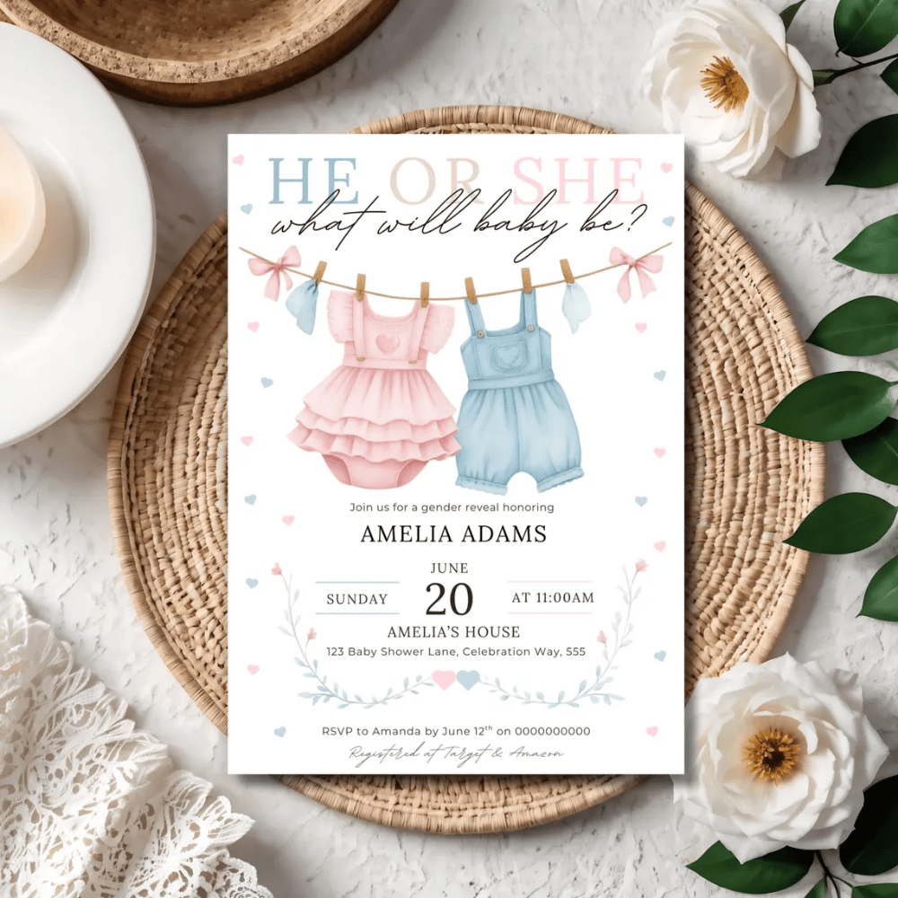 Printed Gender Reveal Invitations | He or She What Will Baby Be? | Watercolor Clothesline Invite | Pink & Blue Baby Shower Cards with Envelopes