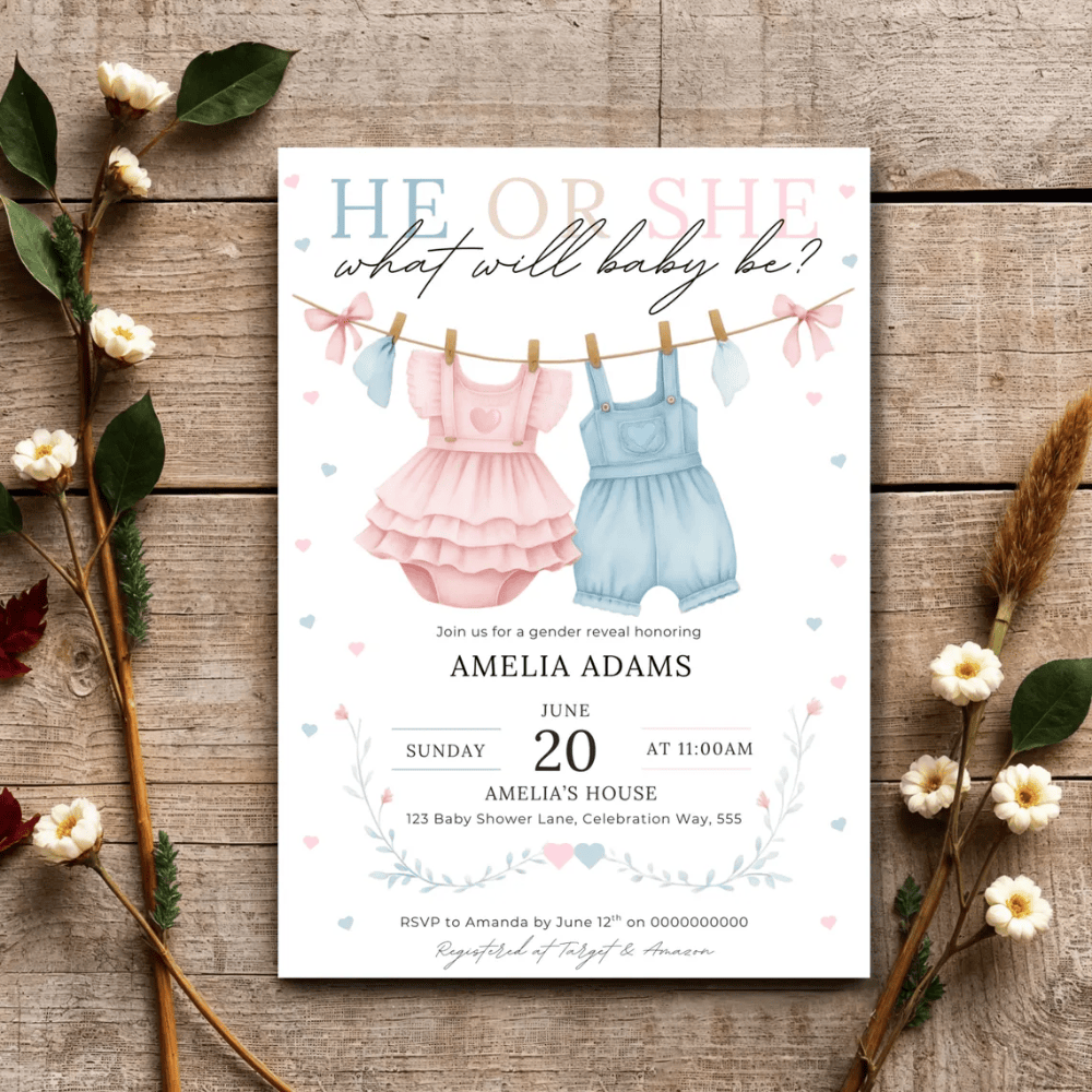 Printed Gender Reveal Invitations | He or She What Will Baby Be? | Watercolor Clothesline Invite | Pink & Blue Baby Shower Cards with Envelopes