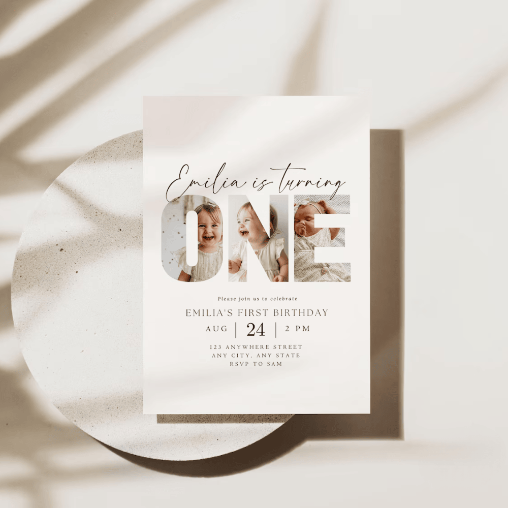 Printed 1st Birthday Invitations with Photo Collage | Big "ONE" Letter Picture Invite | Minimalist Modern First Birthday Card | Envelopes Included