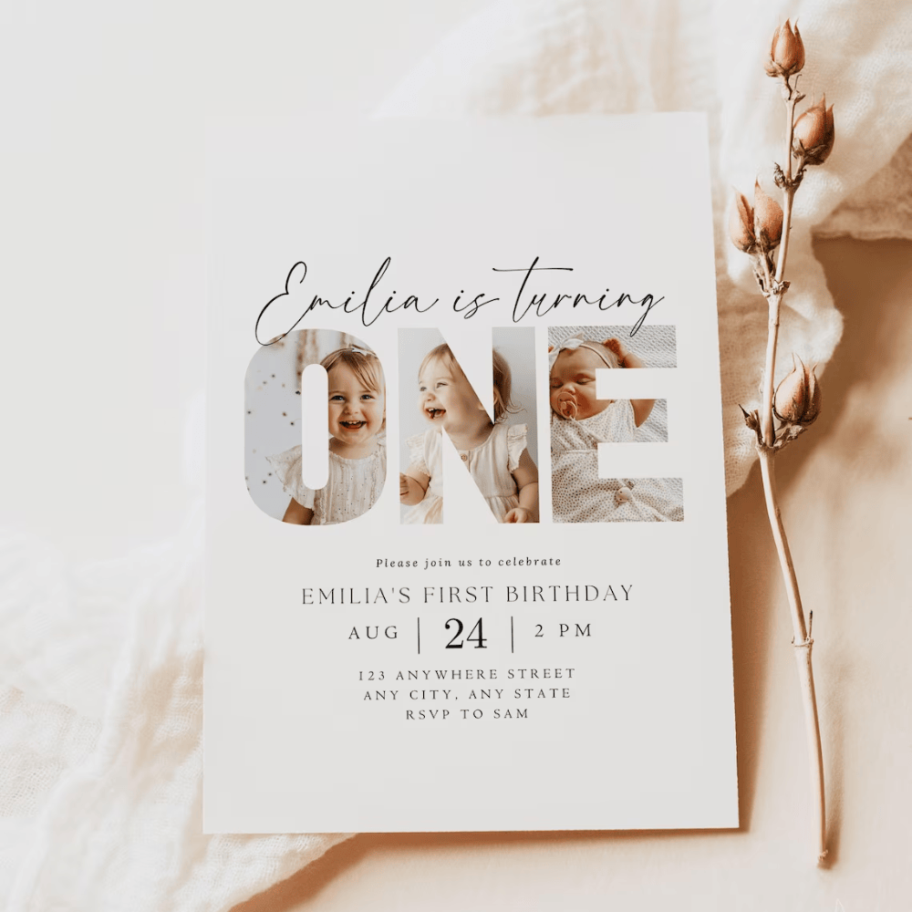 Printed 1st Birthday Invitations with Photo Collage | Big "ONE" Letter Picture Invite | Minimalist Modern First Birthday Card | Envelopes Included
