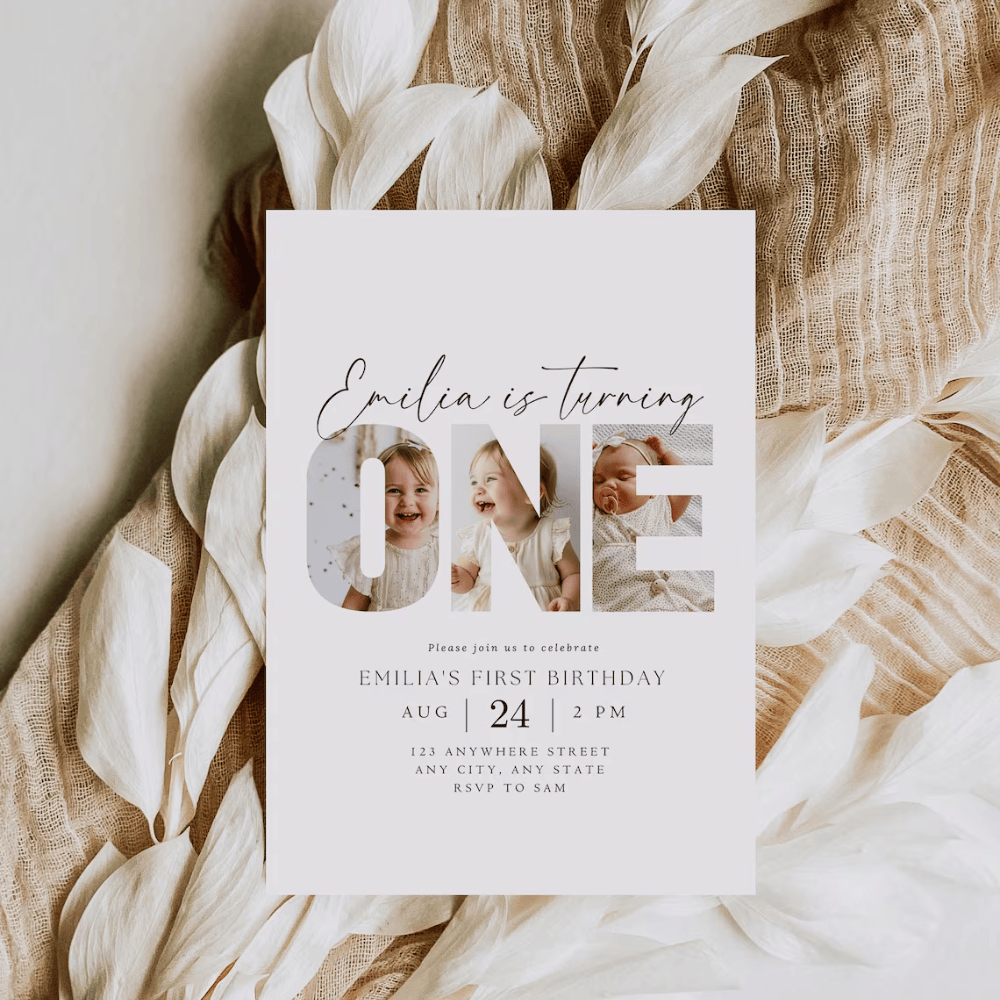 Printed 1st Birthday Invitations with Photo Collage | Big "ONE" Letter Picture Invite | Minimalist Modern First Birthday Card | Envelopes Included