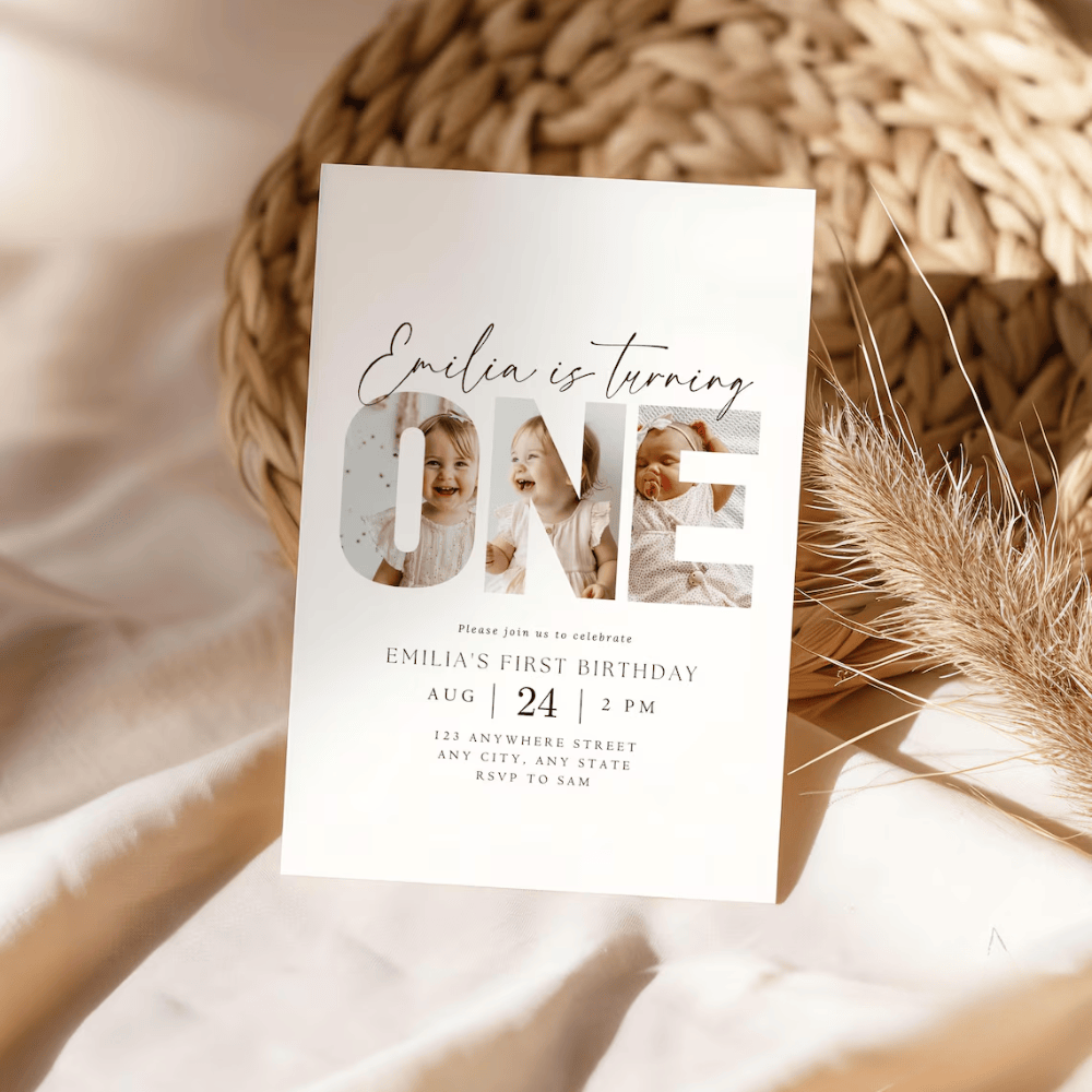 Printed 1st Birthday Invitations with Photo Collage | Big "ONE" Letter Picture Invite | Minimalist Modern First Birthday Card | Envelopes Included