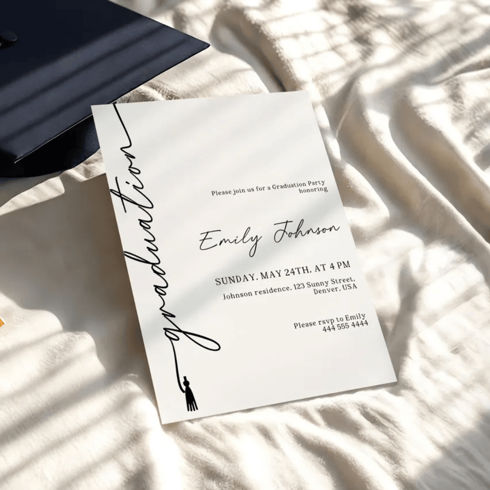 Printed Graduation Party Invitations with Photo Back | Minimalist Hand-Drawn "Graduation" Script | Modern Black & White Senior Announcement | Envelopes Included