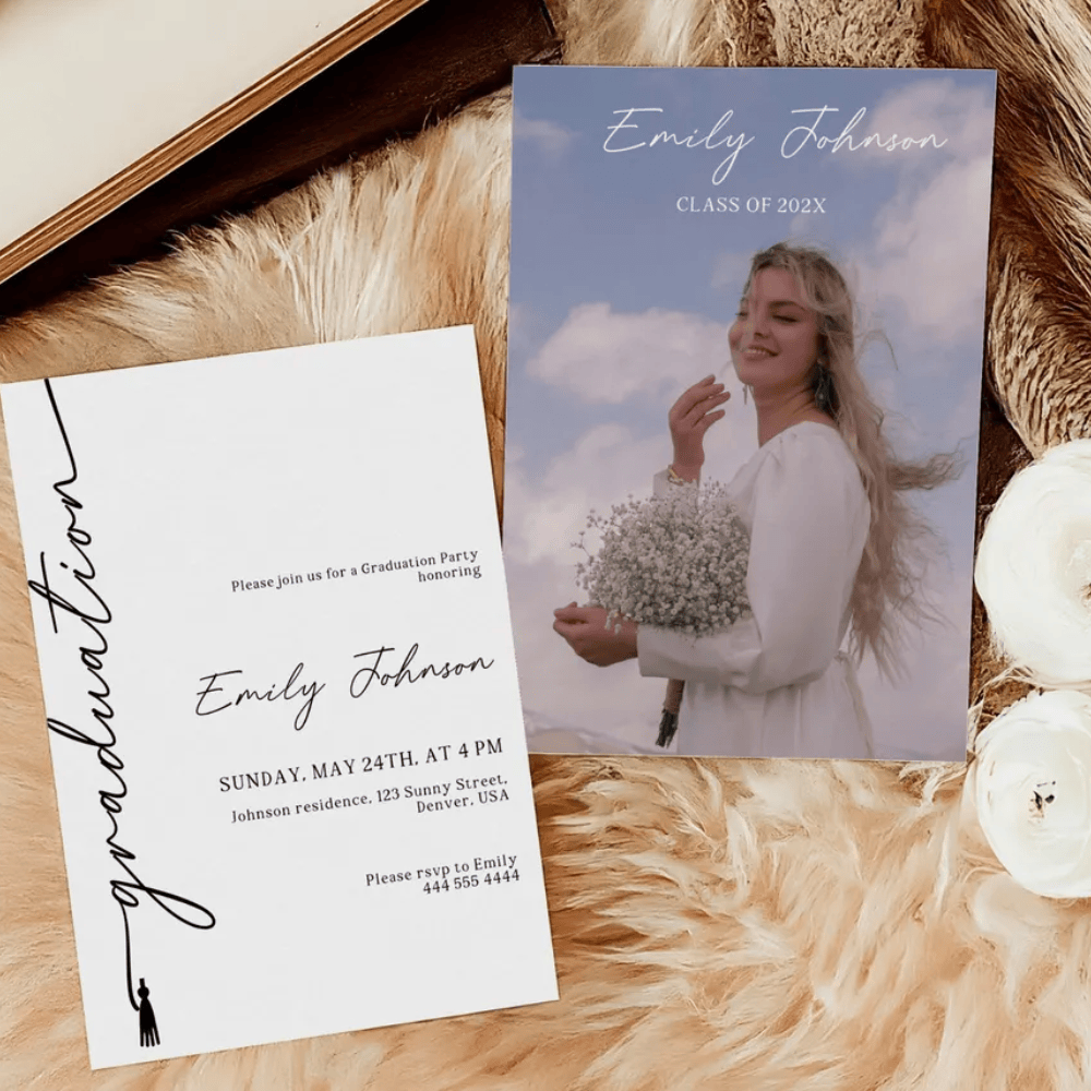 Printed Graduation Party Invitations with Photo Back | Minimalist Hand-Drawn "Graduation" Script | Modern Black & White Senior Announcement | Envelopes Included
