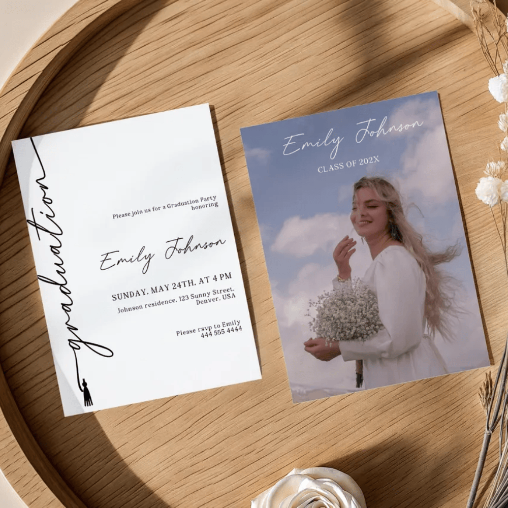 Printed Graduation Party Invitations with Photo Back | Minimalist Hand-Drawn "Graduation" Script | Modern Black & White Senior Announcement | Envelopes Included