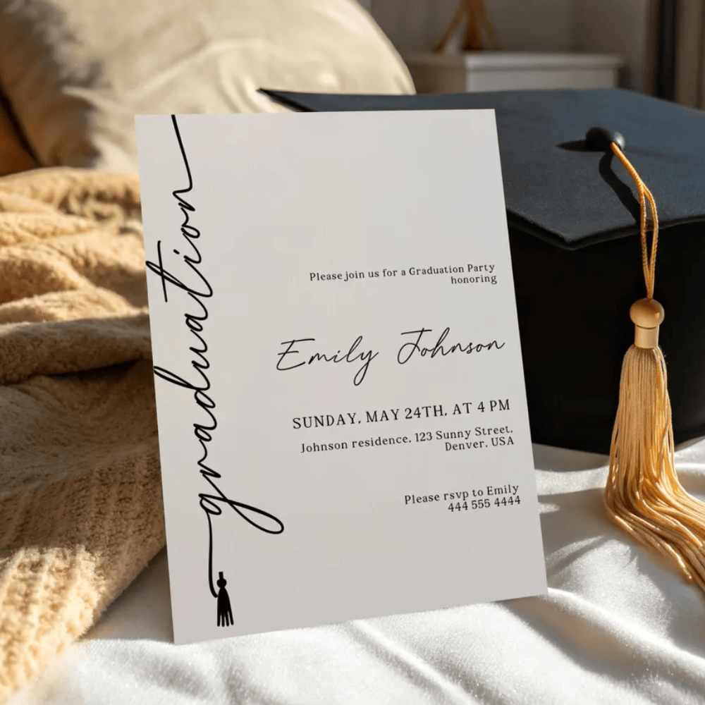 Printed Graduation Party Invitations with Photo Back | Minimalist Hand-Drawn "Graduation" Script | Modern Black & White Senior Announcement | Envelopes Included